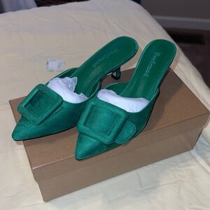Zara Emerald Green Satin Pointed Buckle Mule Heels
